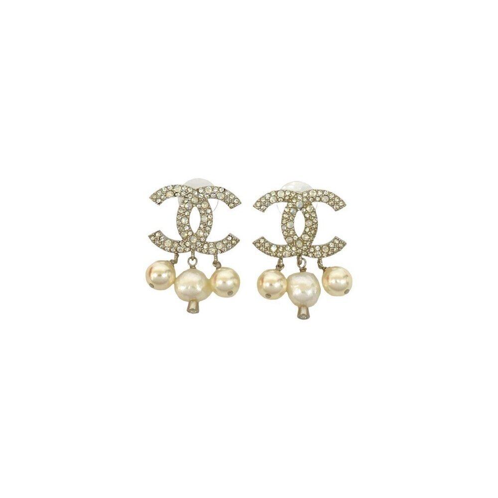 CHANEL Silver Pearl Logo Earrings - Picture 3 of 4